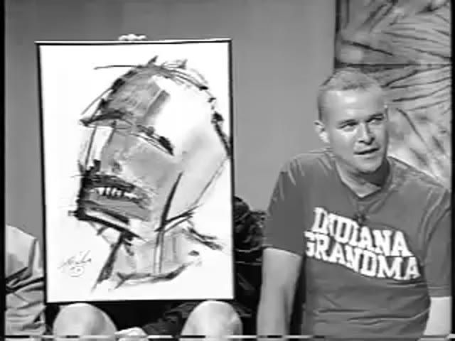 The Larz from Mars Show — Matt Sesow, July 2003, 2003: photograph 1 (A Costa Rica painting made with auto paint, held up on set, July 20, 2003)