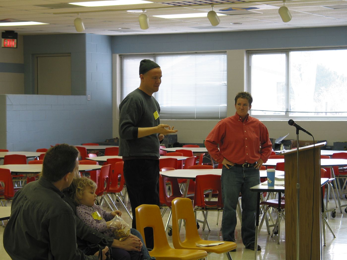 Lecture — Calvert Elementary School assembly, Lincoln, Nebraska, 2003: photograph 3 (Matt speaking to the students)
