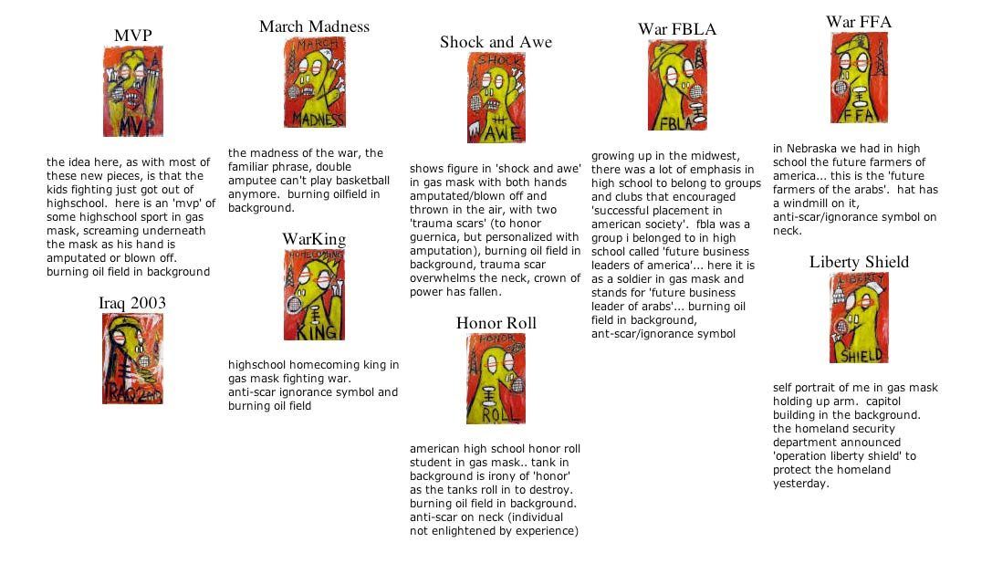 “March Madness” shown in “Art Against War: An Exhibition of Posters and Multimedia”, 2003: photograph 1 (Sesow’s war paintings of March 2003, including “March Madness,” with his own notes on each, from the sesow.com page “Sesow’s reaction to the War(s)”)