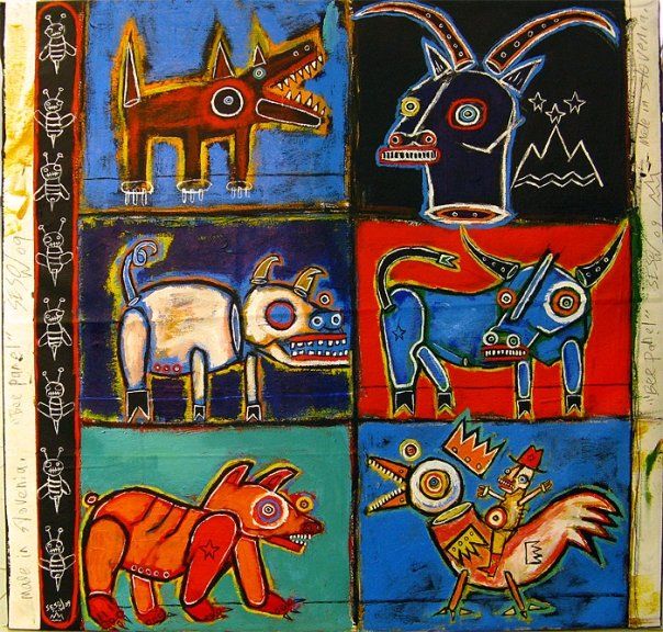 “Beehive panel” enters the collection of the Gallery of Naive Artists, Trebnje, Slovenia (2009), 2009: photograph 1 (“Beehive panel” (Panjska končnica), 2009, acrylic on canvas — the painting in the gallery’s collection)