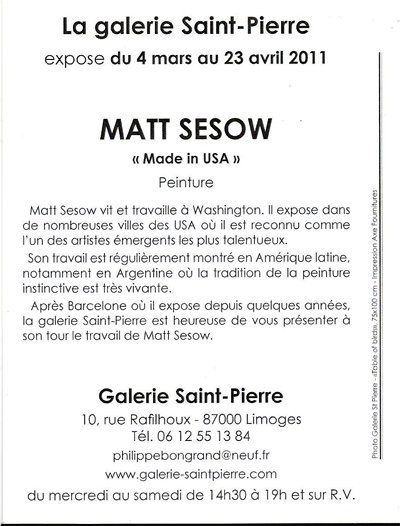 French press reviews of “Made in USA,” Galerie Saint-Pierre, Limoges (March–April 2011), 2011: photograph 2 (The exhibition card, back: “La galerie Saint-Pierre expose du 4 mars au 23 avril 2011 — MATT SESOW, « Made in USA », Peinture”)
