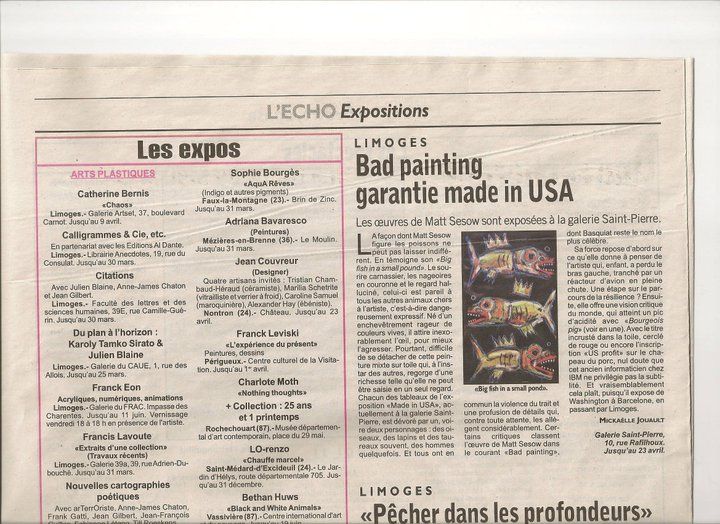 French press reviews of “Made in USA,” Galerie Saint-Pierre, Limoges (March–April 2011), 2011: photograph 9 (L’Echo, “Les expos”: “Bad painting garantie made in USA”)