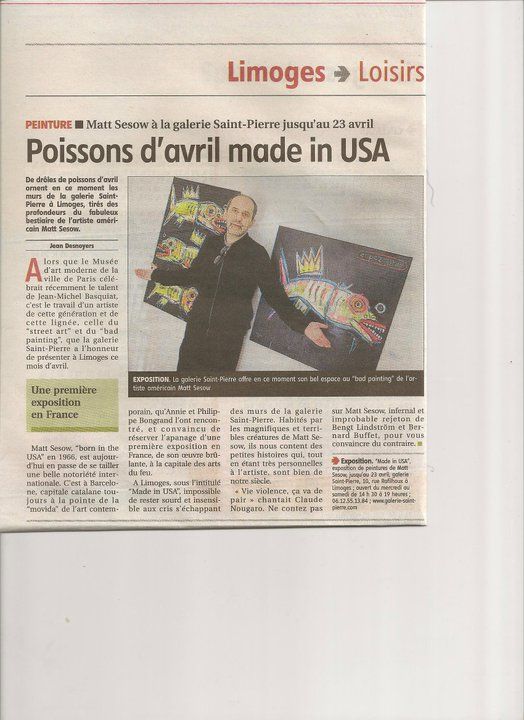 French press reviews of “Made in USA,” Galerie Saint-Pierre, Limoges (March–April 2011), 2011: photograph 10 (Limoges newspaper, Loisirs page: “Poissons d’avril made in USA” — Matt Sesow at Galerie Saint-Pierre until April 23)