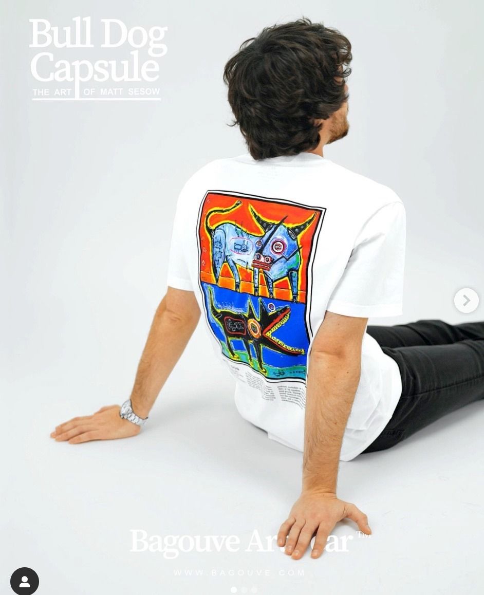 Bagouve Artwear "Bull Dog T-Shirt" (2023), 2023: photograph 5 (Get yours at: https://www.bagouve.com/collections/frontpage/products/bull-dog-t-shirt from Bagouve
Bull Dog T-Shirt | Behind the artwork: “American artist Matt · Posted by Matt Sesow on Facebook, December 13, 2023)