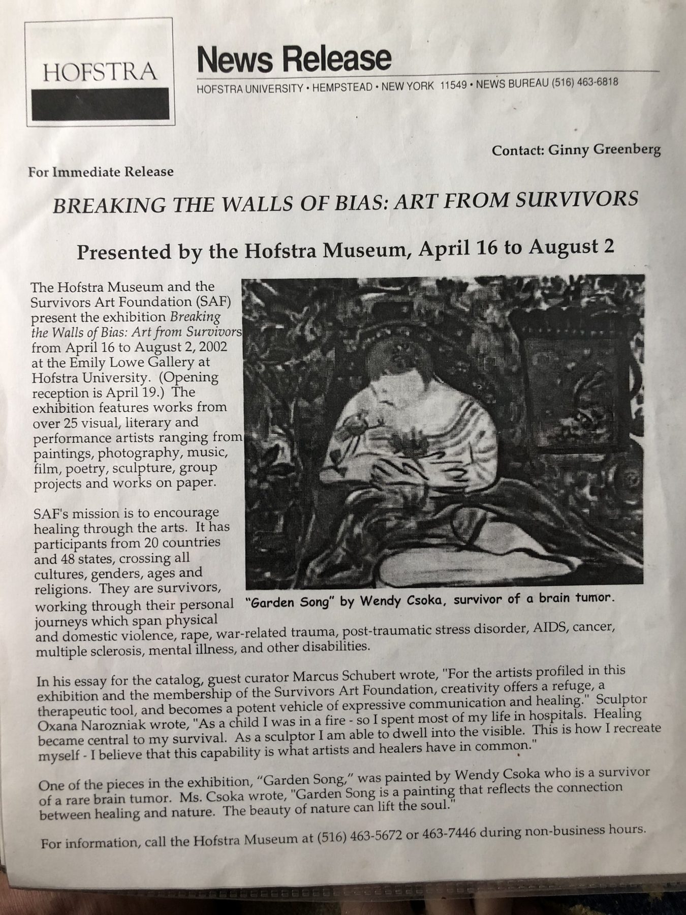 BREAKING THE WALLS OF BIAS: ART FROM SURVIVORS — Presented by the Hofstra Museum, April 16 to August 2, page 1