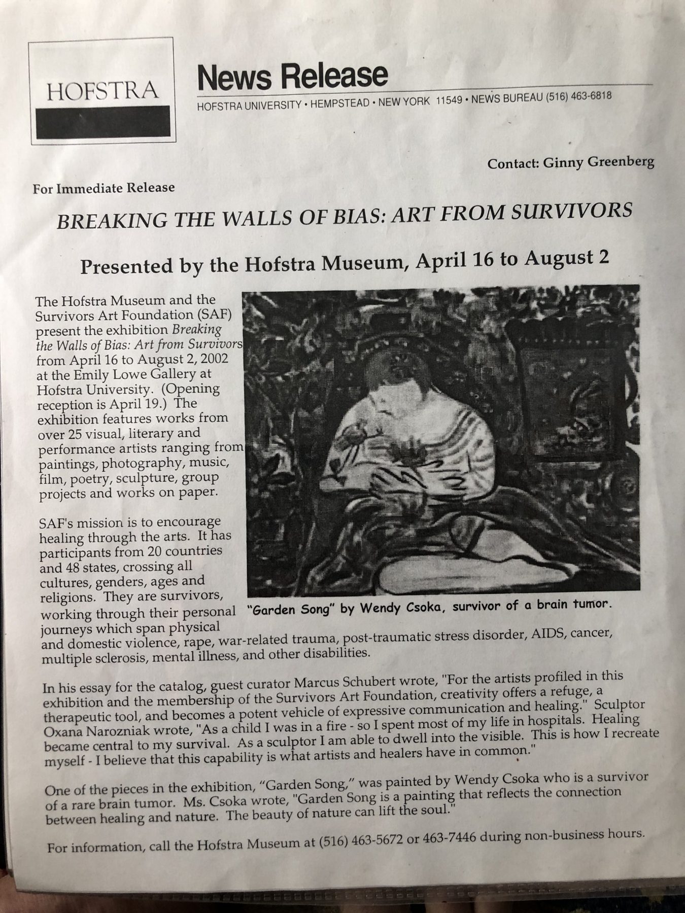 BREAKING THE WALLS OF BIAS: ART FROM SURVIVORS — Presented by the Hofstra Museum, April 16 to August 2, page 2