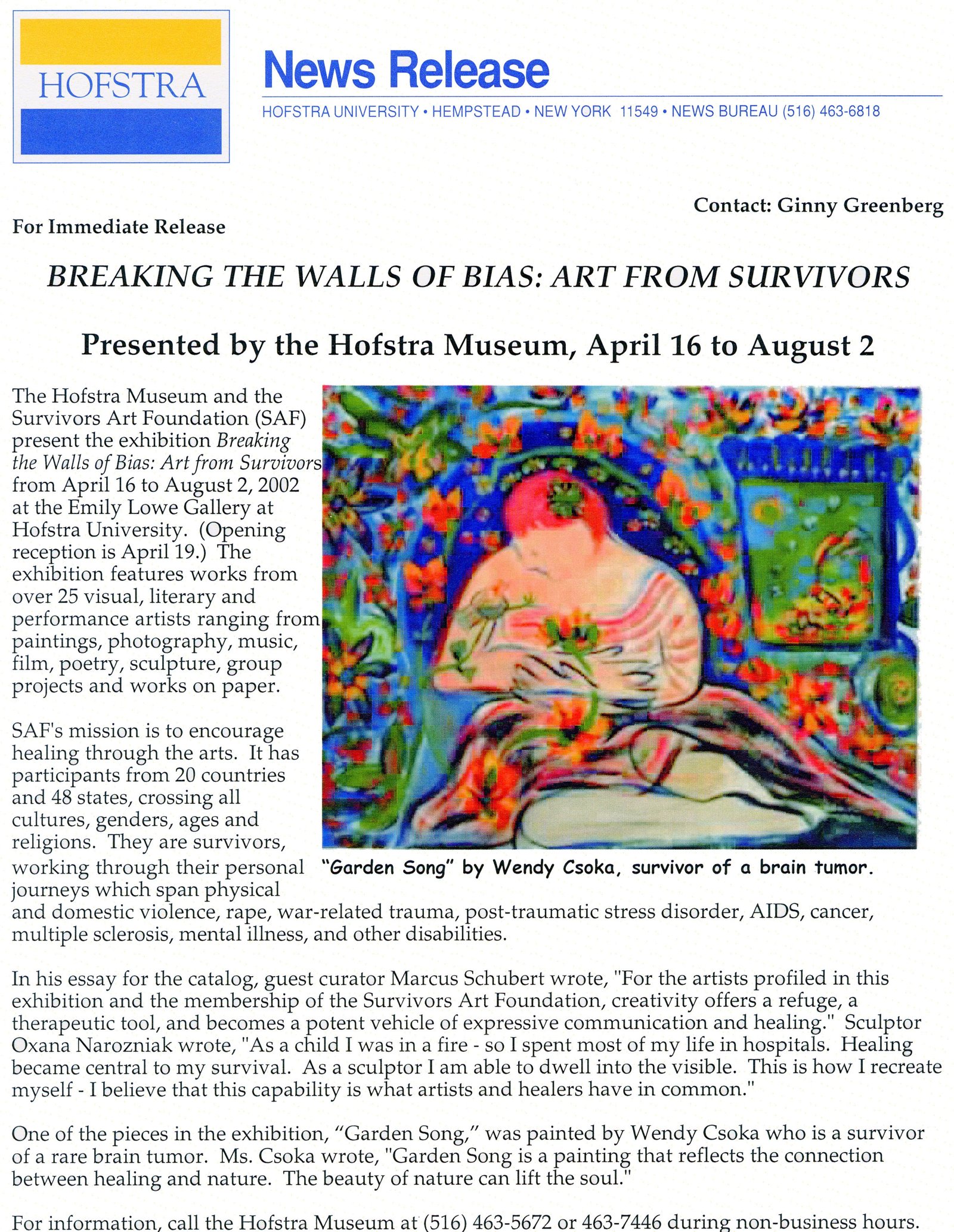 Breaking the Walls of Bias: Art from Survivors — Hofstra University news release, page 1