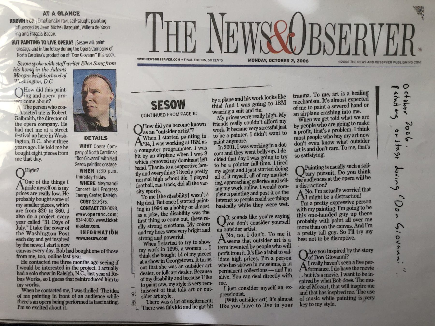 Sesow (Q&A, continued from page 1C) — At a Glance: But painting to live opera?, page 1