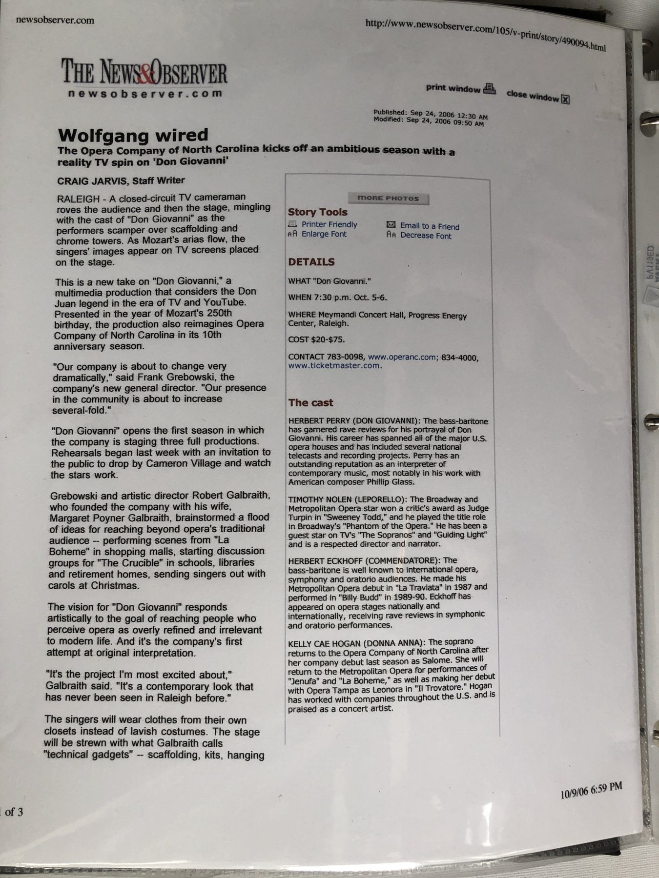 Wolfgang wired — The Opera Company of North Carolina kicks off an ambitious season with a reality TV spin on 'Don Giovanni', page 1