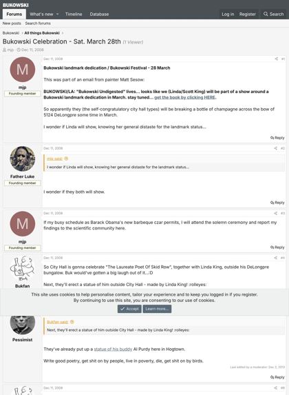 “Bukowski Celebration - Sat. March 28th” — including Matt Sesow’s email about the show: Page 1
