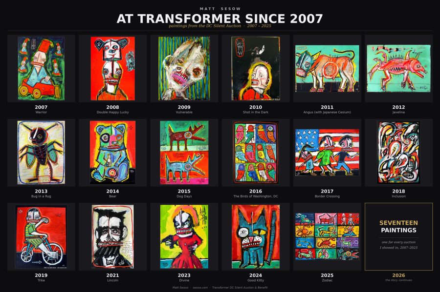 Grid of the paintings Matt Sesow gave to Transformer's auctions, 2007 to 2025