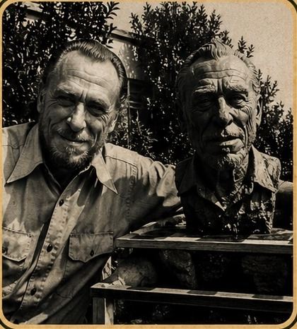 Charles Bukowski beside Linda King’s bust of him