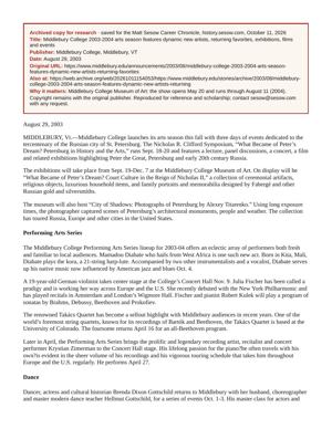 Middlebury College 2003-2004 arts season features dynamic new artists, returning favorites, exhibitions, films, page 1
